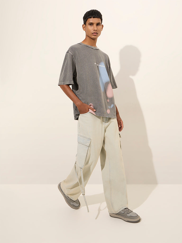Nuon Grey Abstract Design Relaxed-Fit Cotton T-Shirt