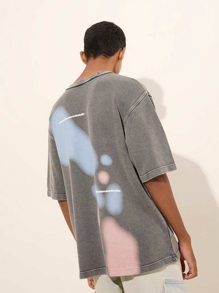 Nuon Grey Abstract Design Relaxed-Fit Cotton T-Shirt
