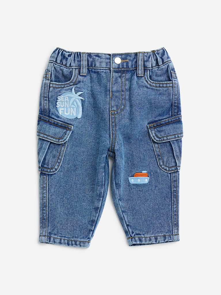 Westside HOP Baby Boy's Blue Cargo-Style Relaxed-Fit Mid-Rise Jeans for Casual Wear Front View