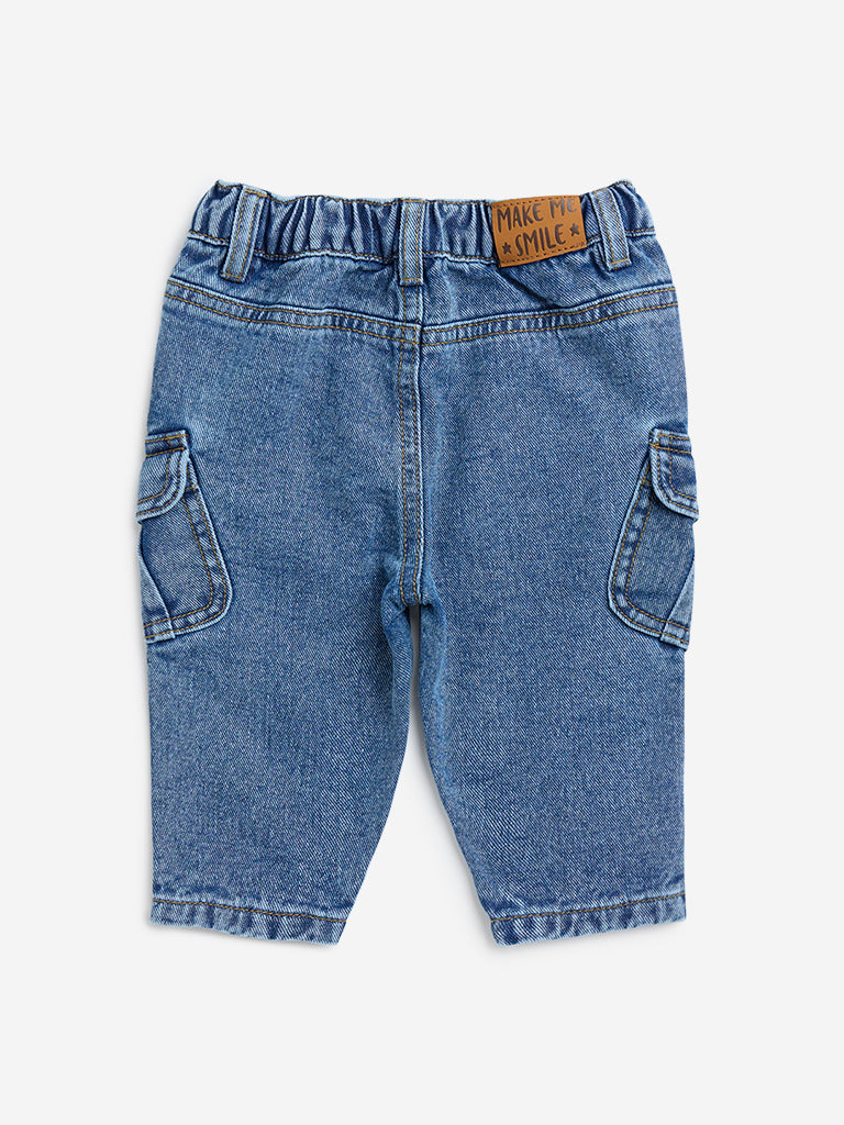 Westside HOP Baby Boy's Blue Cargo-Style Relaxed-Fit Mid-Rise Jeans for Casual Wear Back View