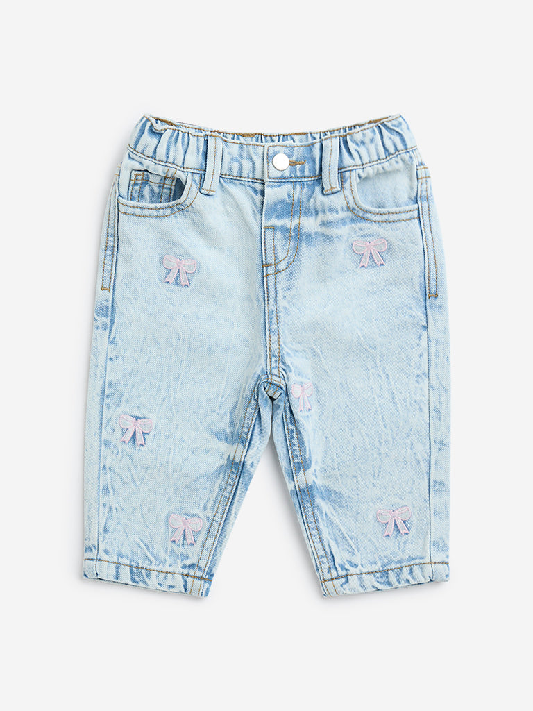 PALE BLUE JEANS WITH FLORAL EMBROIDERY, BABY PALE BLUE JEANS WITH FLORAL EMBROIDERY, BABY