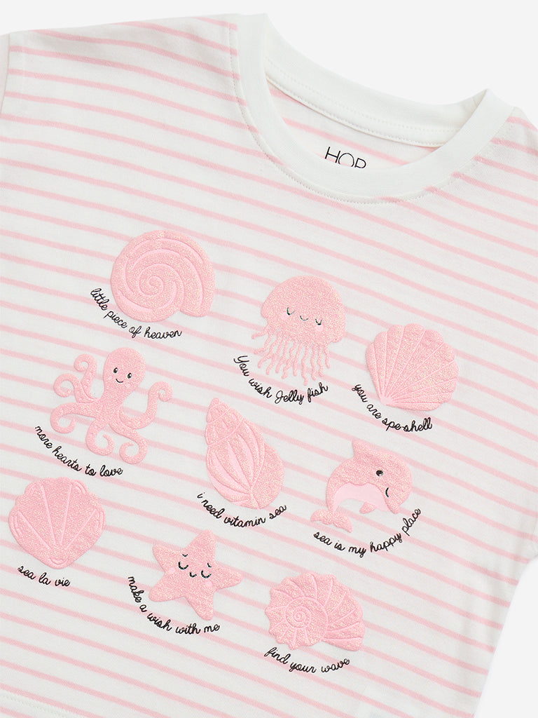 Westside HOP Kids Light Pink Stripe Printed Cotton T-Shirt for Casual Wear Zoomed View
