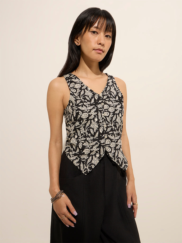 Westside Bombay Paisley Women's Black Foliage Printed Cotton Top for Everyday Front View
