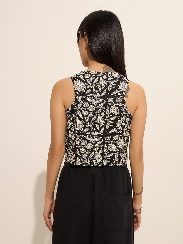 Westside Bombay Paisley Women's Black Foliage Printed Cotton Top for Everyday Back View