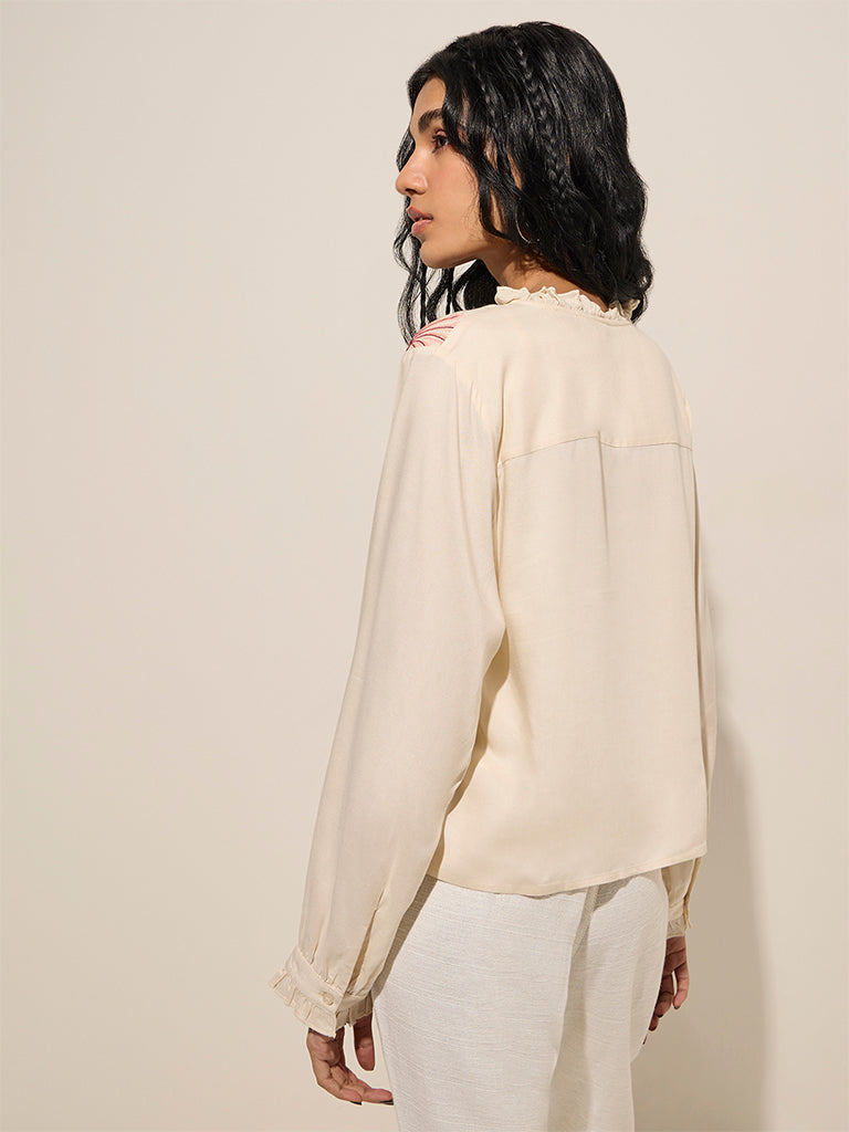 Westside Bombay Paisley Women's Peach Floral Embroidered Cotton Top for Everyday Back View