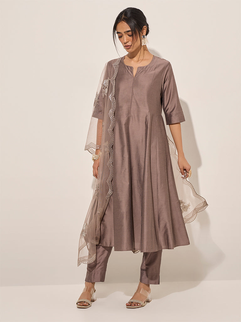 Brown A‑Line Kurta Pant Set For Women — Solid Khadi Cotton Ethnic Outfit main image 1