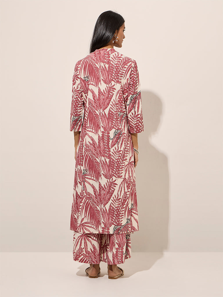 Westside Utsa Women's Dark Pink Tropical Printed A-Line Kurta for Work Wear Back View