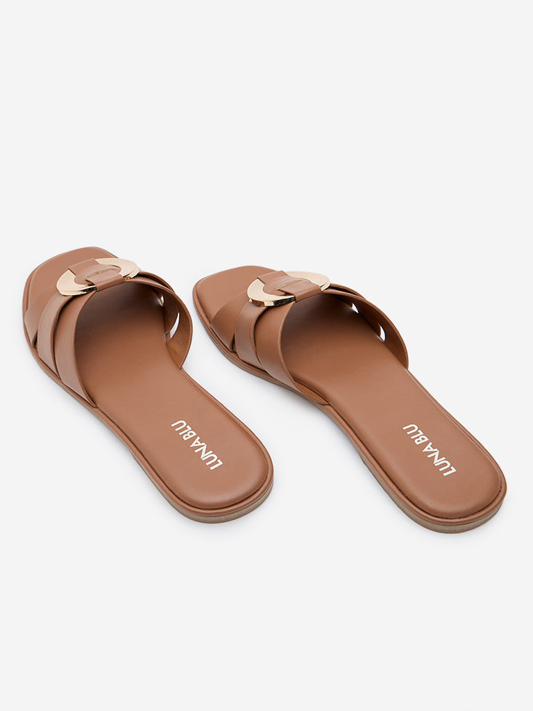 Westside LUNA BLU Women's Tan Metal Detailed Slides for Casual Wear Zoomed View