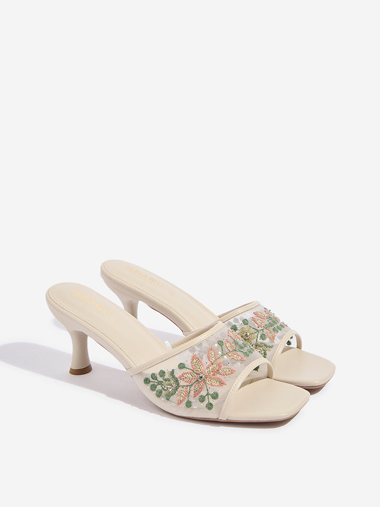 LUNA BLU Ivory Mesh Embroidered Heel Sandals