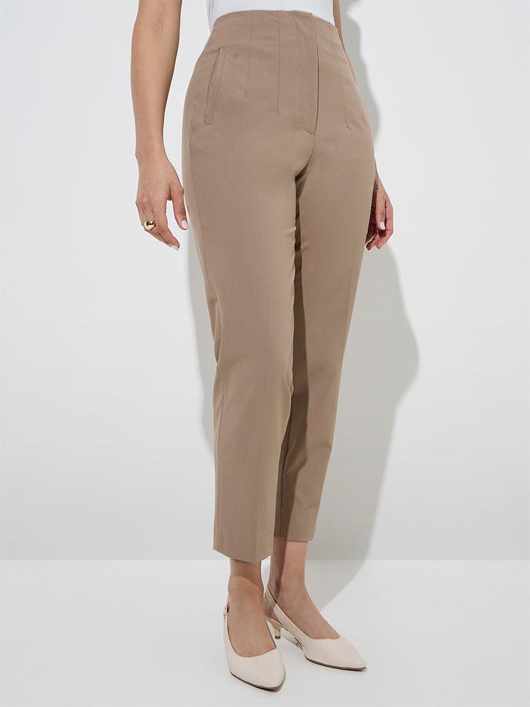 Westside Wardrobe Women's Taupe Solid High-Rise Trousers for Work Wear Work Wear Front View
