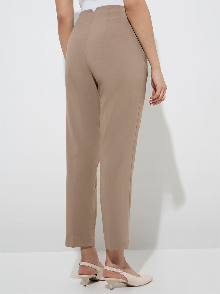 Westside Wardrobe Women's Taupe Solid High-Rise Trousers for Work Wear Work Wear Back View