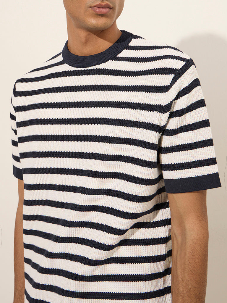 Ascot Navy Striped and Knitted Relaxed-Fit Cotton-Blend T-Shirt