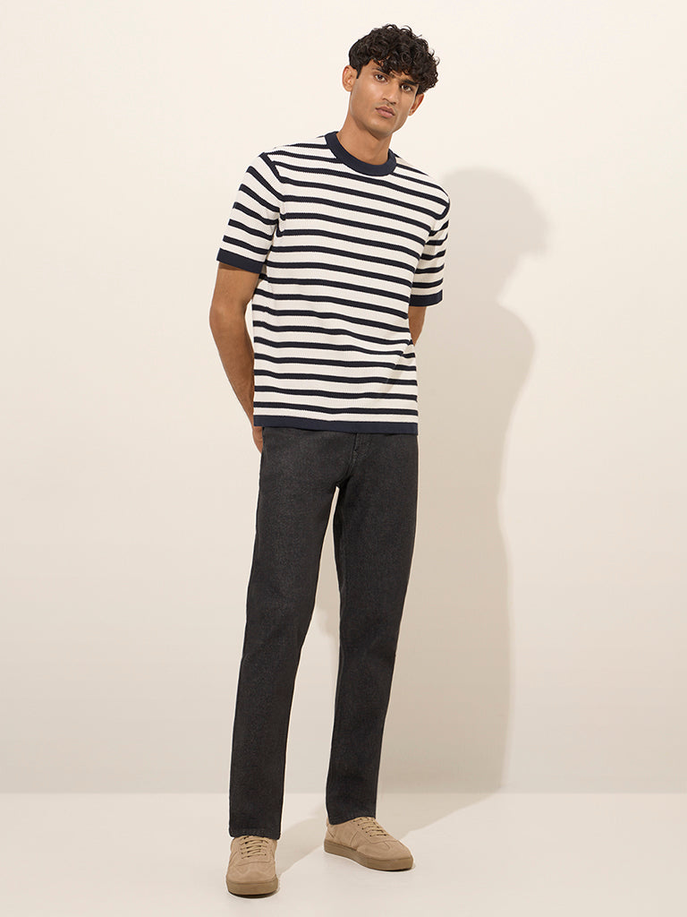 Ascot Navy Striped and Knitted Relaxed-Fit Cotton-Blend T-Shirt