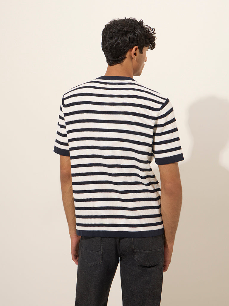 Ascot Navy Striped and Knitted Relaxed-Fit Cotton-Blend T-Shirt