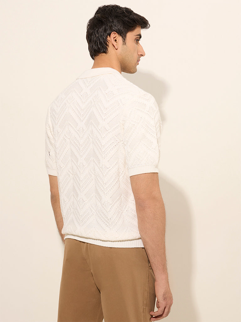 Westside Ascot Men's Off-White Chevron-Textured Relaxed-Fit Cotton-Blend T-Shirt for Casual Wear Back View