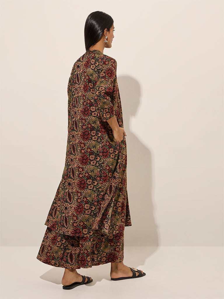 Westside Utsa Women's Green Buta Printed A-Line Kurta for Work Wear Back View