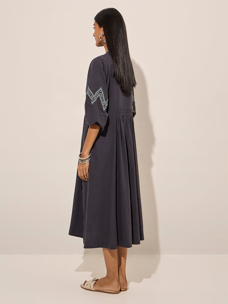 Westside Utsa Women's Charcoal Boho-Themed Cotton A-Line Dress for Work Wear Back View