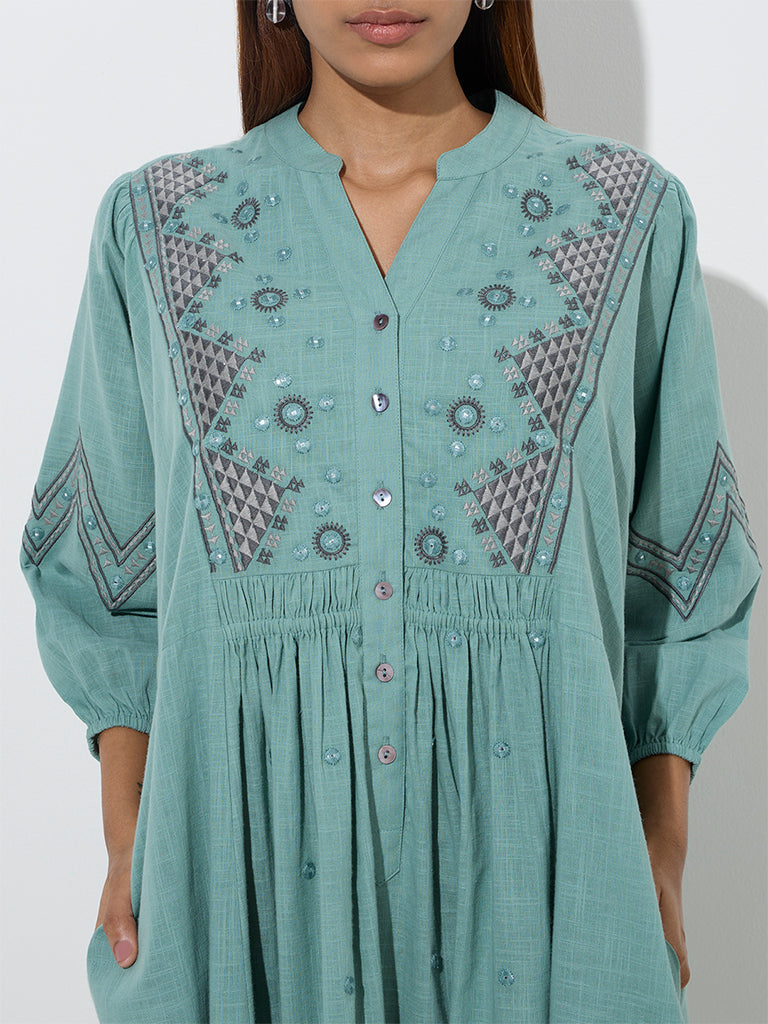 Utsa Sea Green Embroidered Cotton Fit-and-Flare Dress