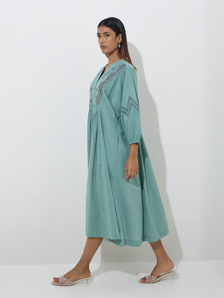 Utsa Sea Green Embroidered Cotton Fit-and-Flare Dress
