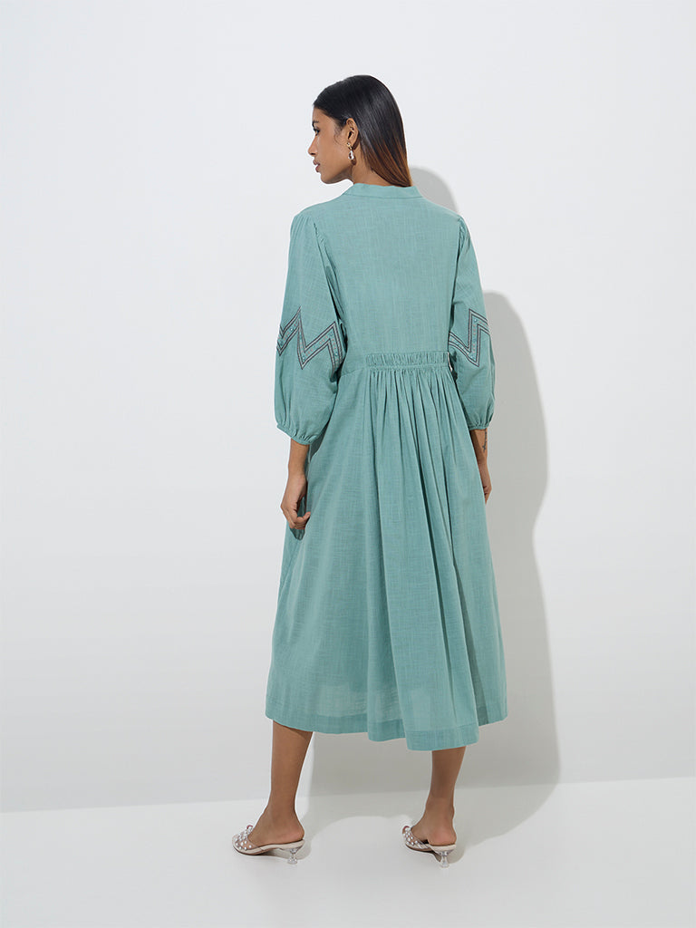 Utsa Sea Green Embroidered Cotton Fit-and-Flare Dress