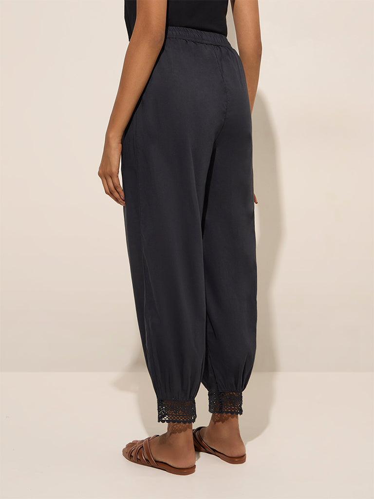 Westside Utsa Women's Black Crochet-Detailed Harem-Style Cotton Pants for Everyday Back View