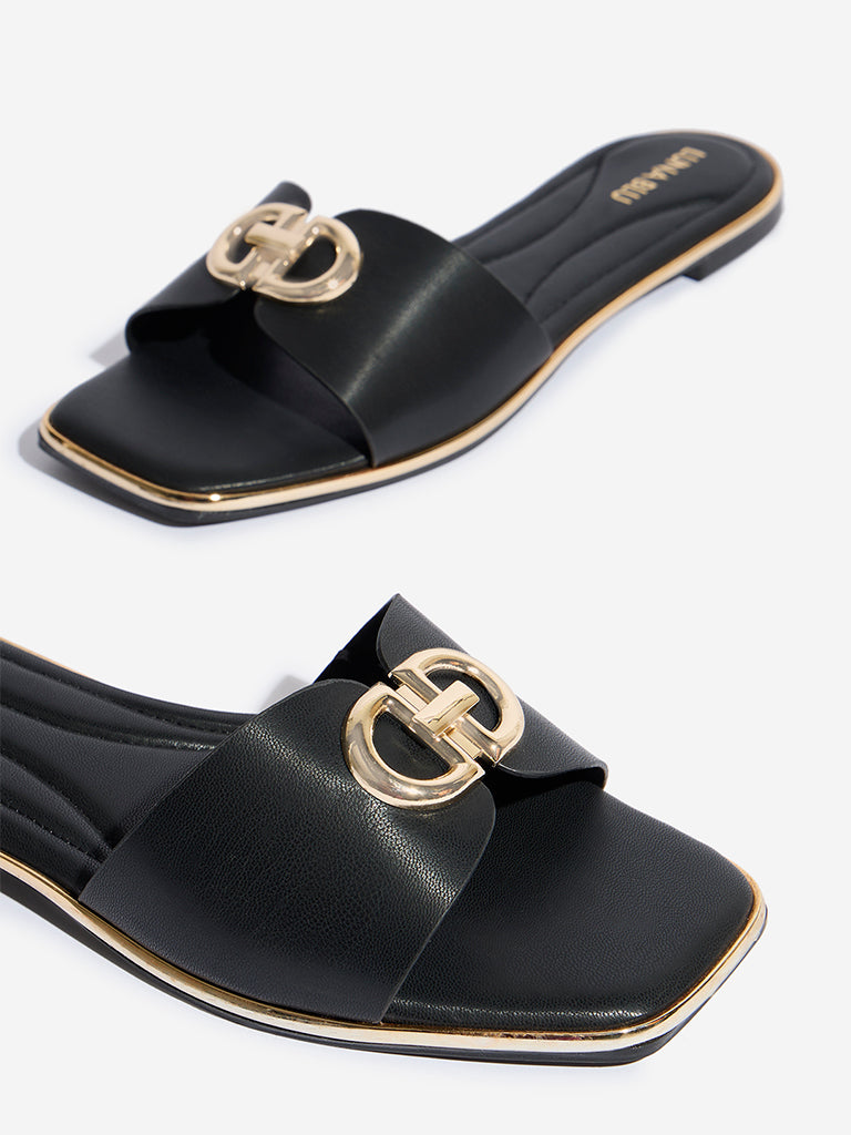 Westside LUNA BLU Women's Black Metal-Detailed Slides for Casual Wear Zoomed View