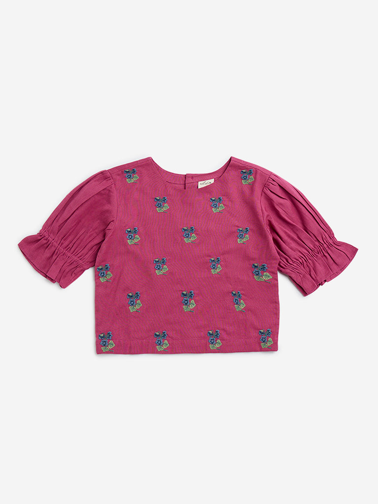 Utsa Kids Pink Floral Embroidered Cotton-Blend Top - (8-14yrs)
