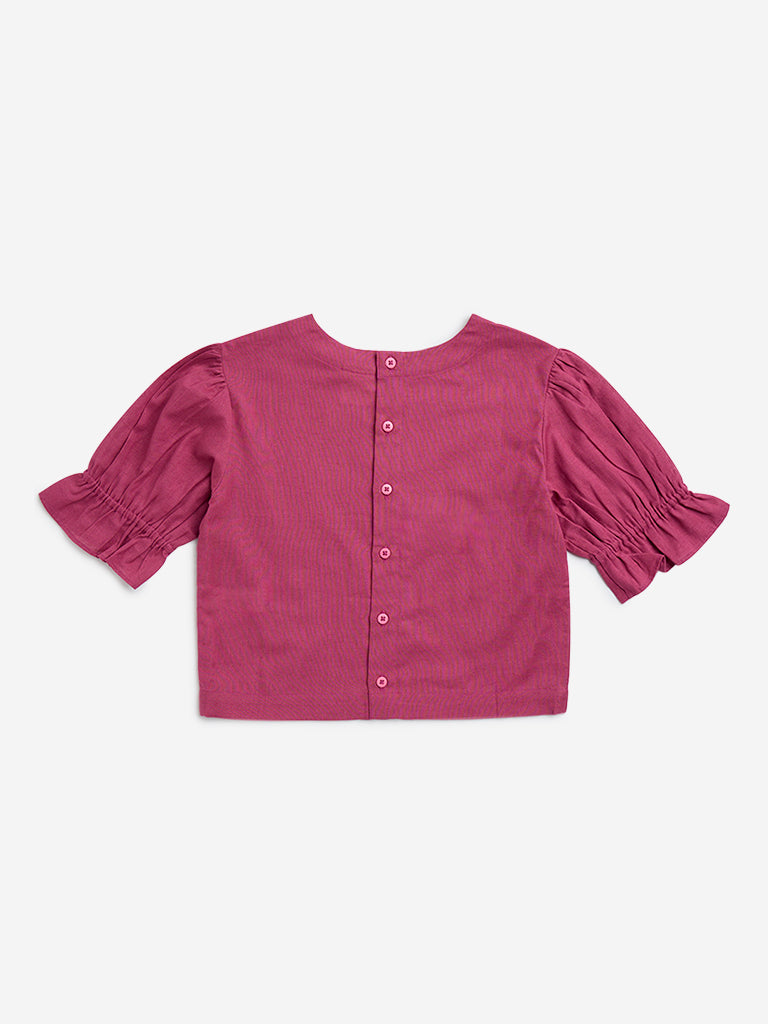 Utsa Kids Pink Floral Embroidered Cotton-Blend Top - (8-14yrs)
