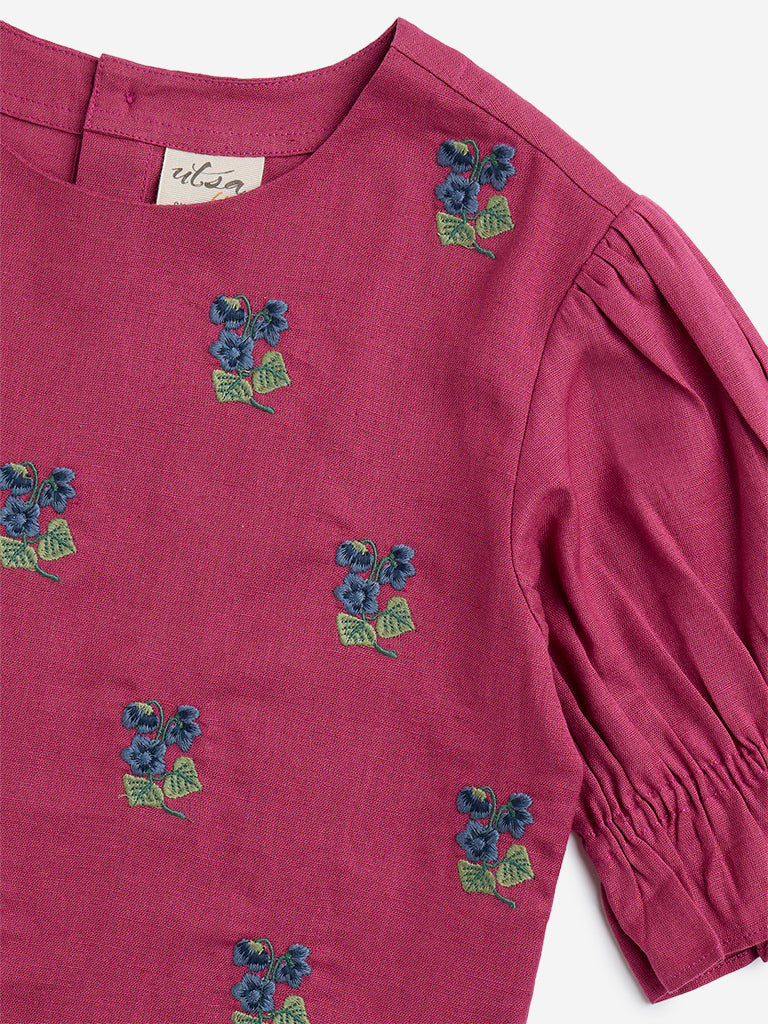 Westside Utsa Kids Pink Floral Embroidered Cotton-Blend Top - (8-14yrs) for Ethnic Wear Zoomed View