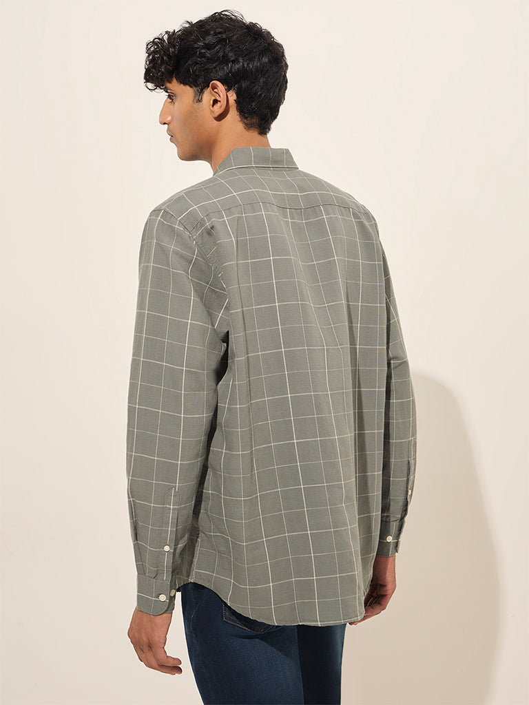 Westside WES Casuals Men's Olive Checkered Relaxed-Fit Cotton Shirt for Casual Wear Back View