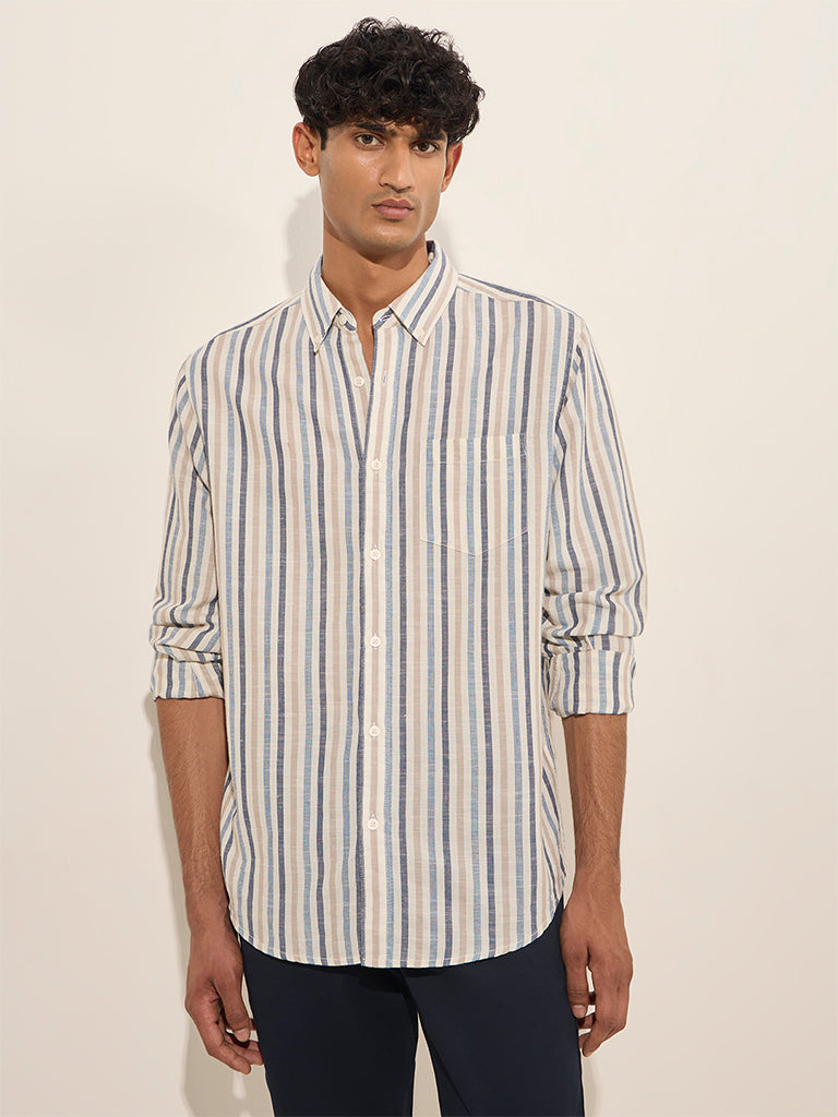 Westside WES Casuals Men's Multicolour Striped Relaxed-Fit Cotton Shirt for Casual Wear Front View