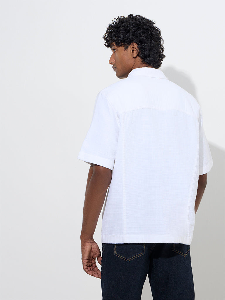 Westside WES Casuals Men's White Solid Relaxed-Fit Cotton Shirt for Casual Wear Back View