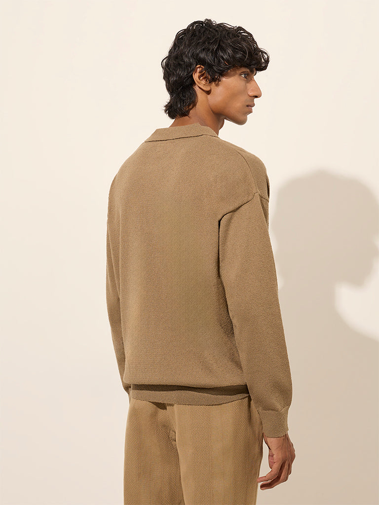 Westside ETA Men's Brown Textured Relaxed-Fit Cotton Polo T-Shirt for Casual Wear Back View