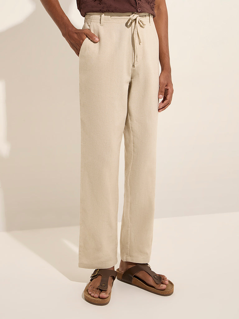 Westside ETA Men's Beige Relaxed-Fit Mid-Rise Cotton-Blend Chinos for Casual Wear Front View