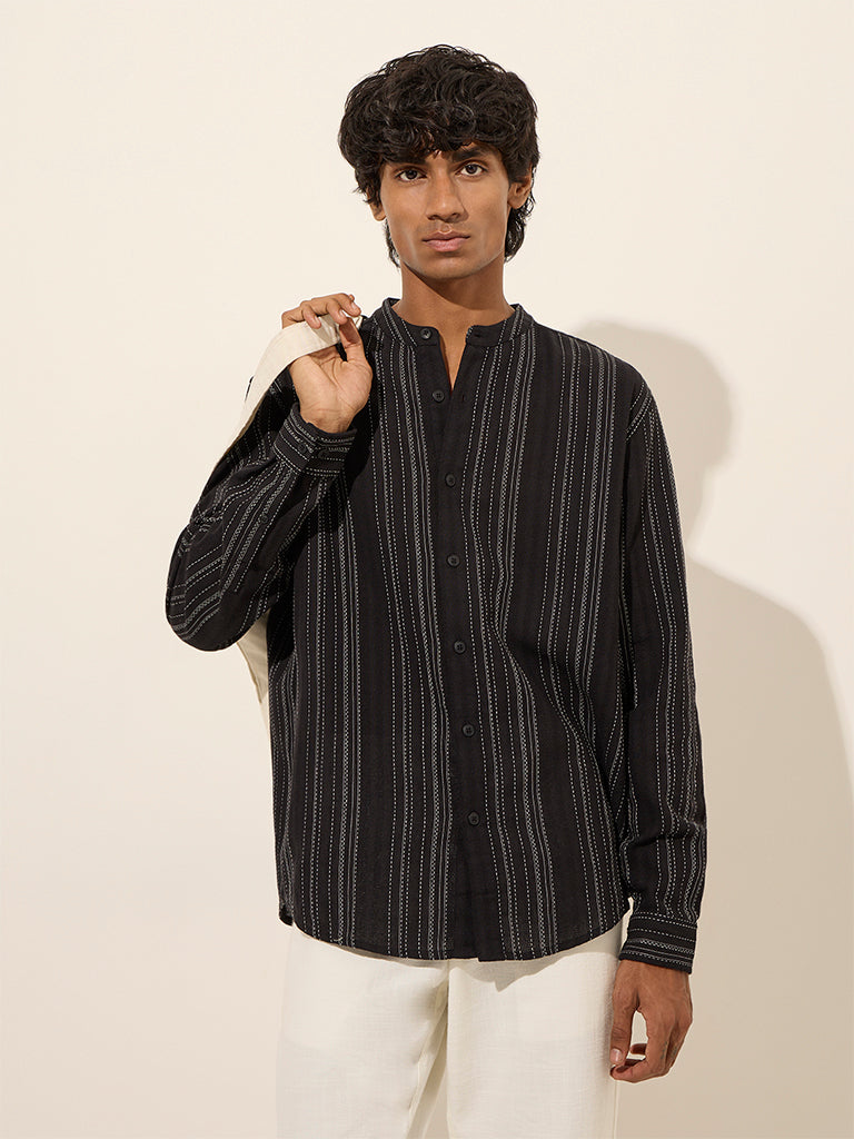 Westside ETA Men's Black Textured Stripe Relaxed-Fit Cotton Shirt for Casual Wear Front View