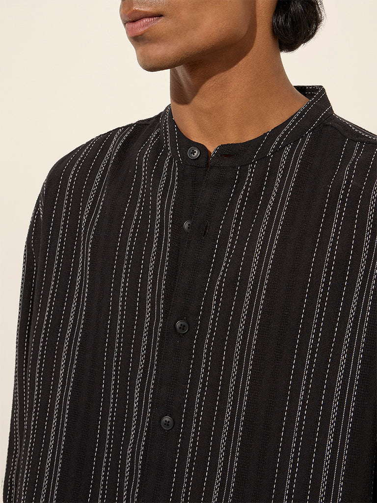 Westside ETA Men's Black Textured Stripe Relaxed-Fit Cotton Shirt for Casual Wear Zoomed View