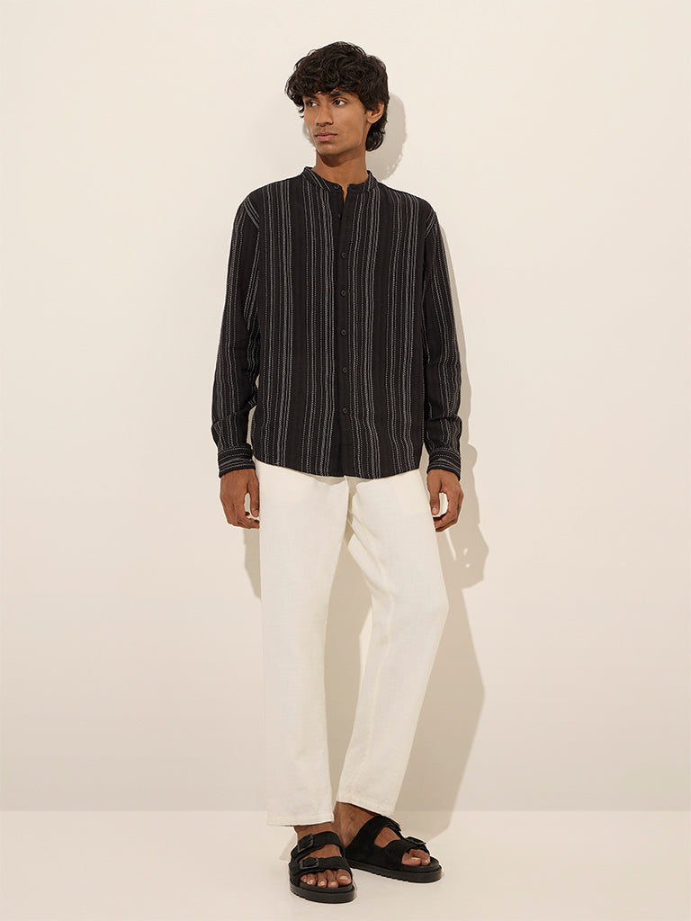 Westside ETA Men's Black Textured Stripe Relaxed-Fit Cotton Shirt for Casual Wear Full View