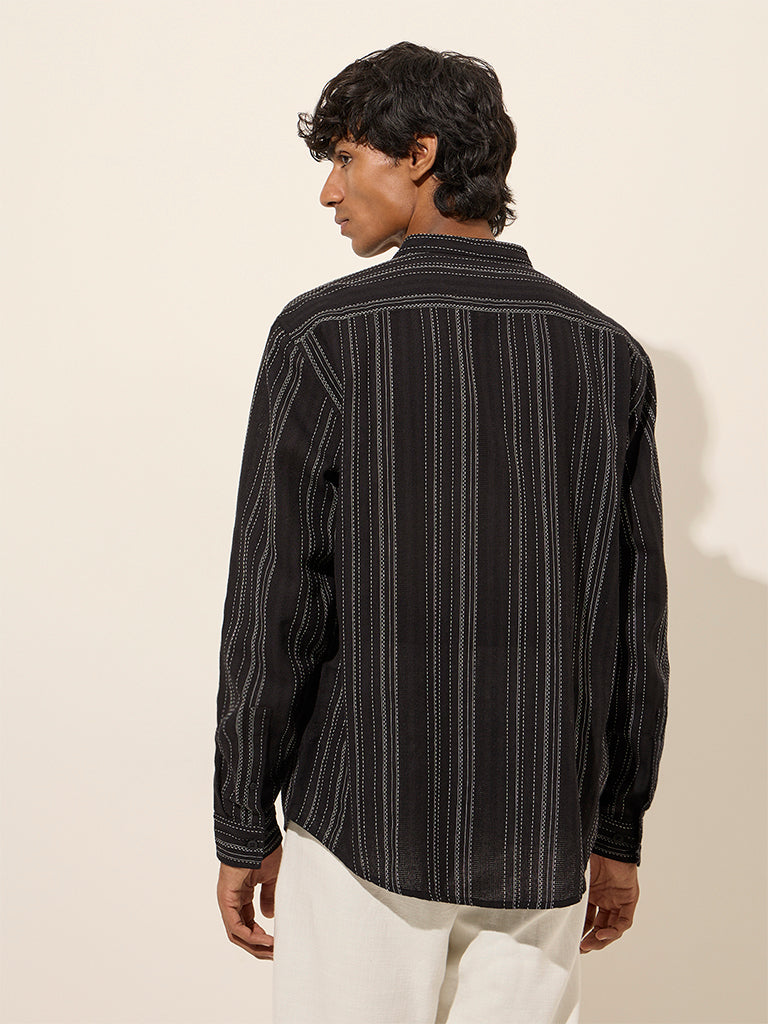 Westside ETA Men's Black Textured Stripe Relaxed-Fit Cotton Shirt for Casual Wear Back View