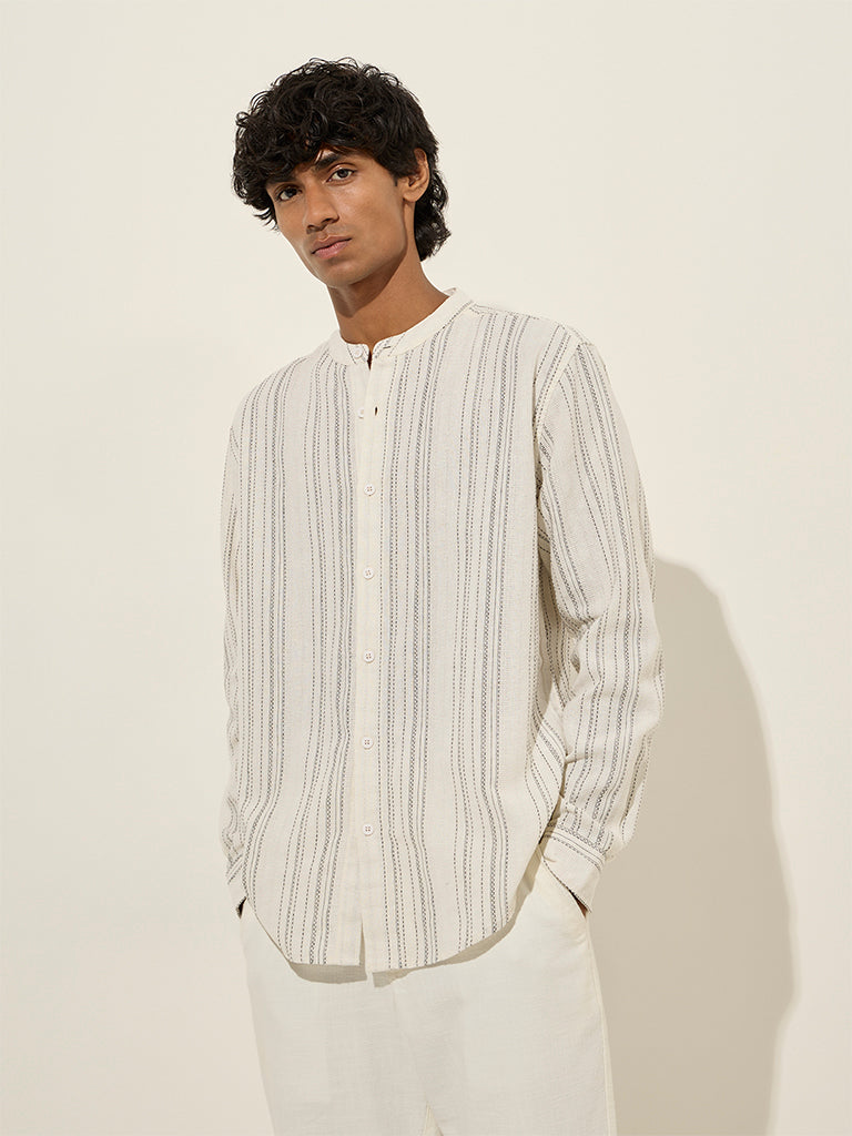 Westside ETA Men's Off-White Textured Stripe Relaxed-Fit Cotton Shirt for Casual Wear Front View