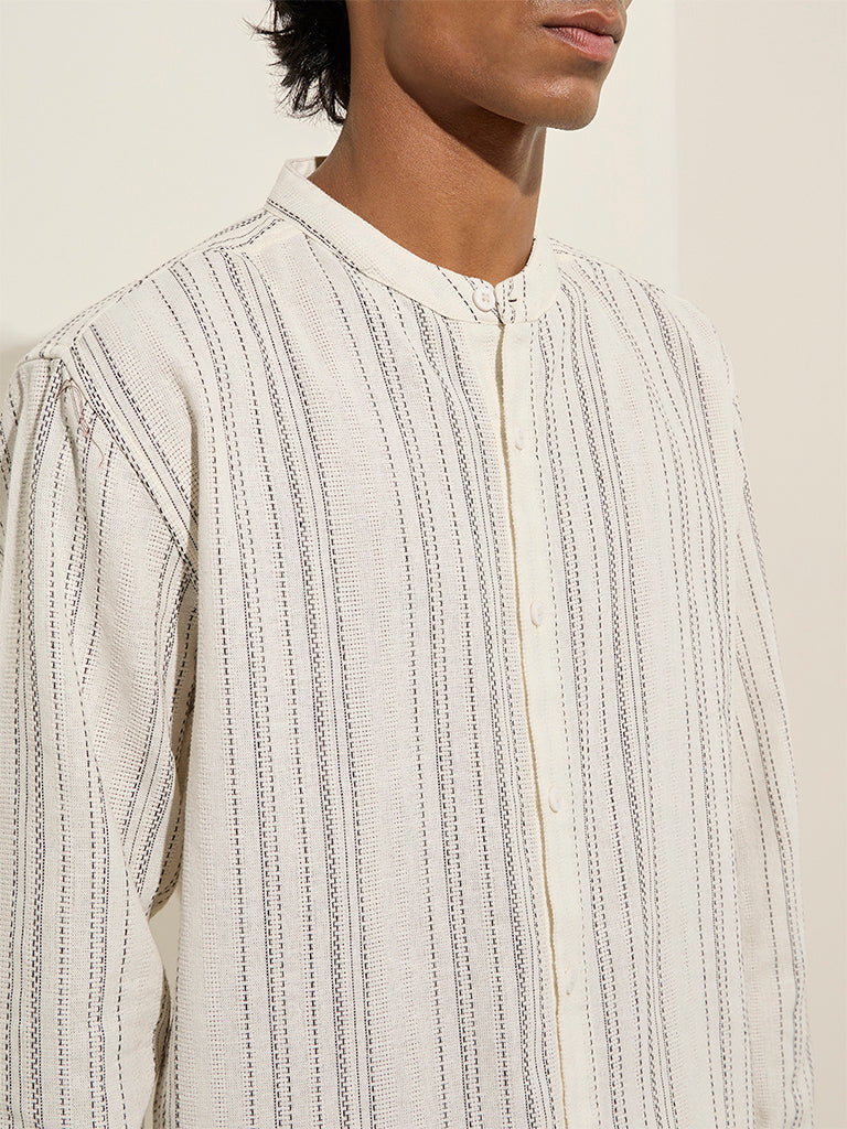 Westside ETA Men's Off-White Textured Stripe Relaxed-Fit Cotton Shirt for Casual Wear Zoomed View
