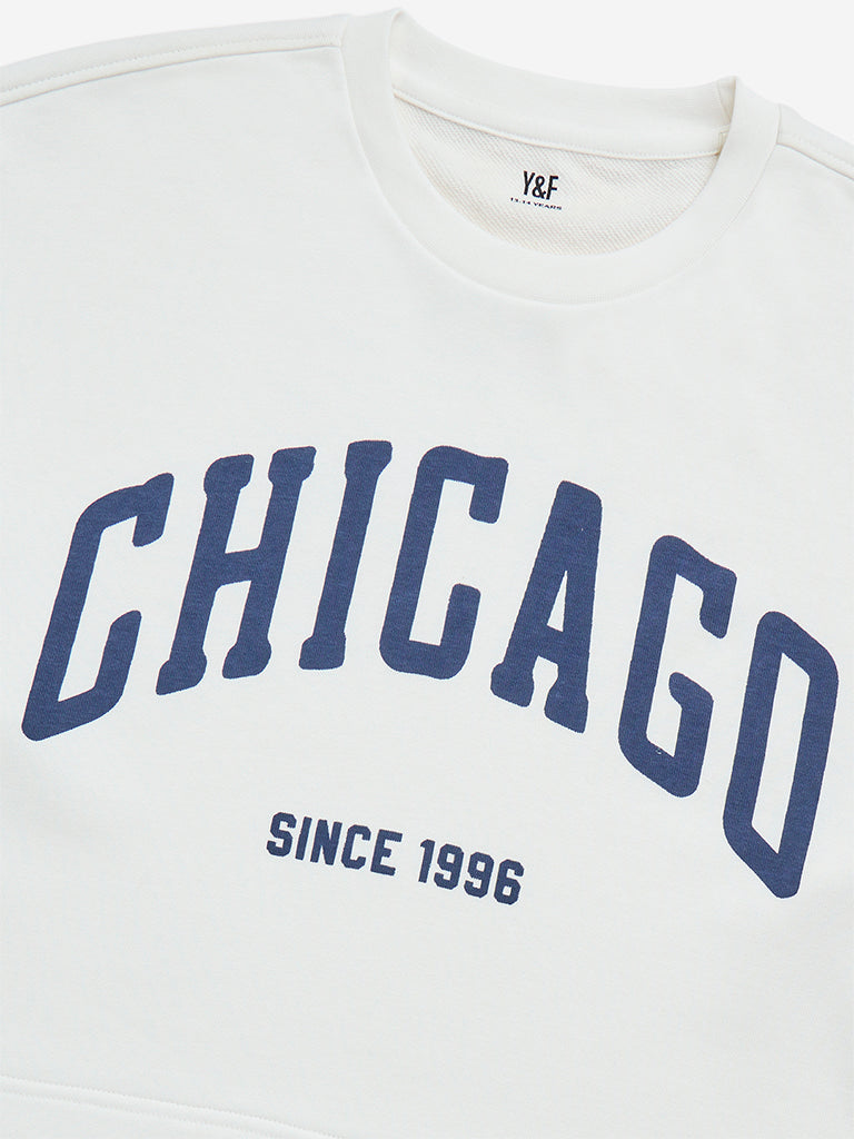 Westside Y&F Girl's White Text Patterned Cotton-Blend Sweatshirt for Winter Wear Zoomed View