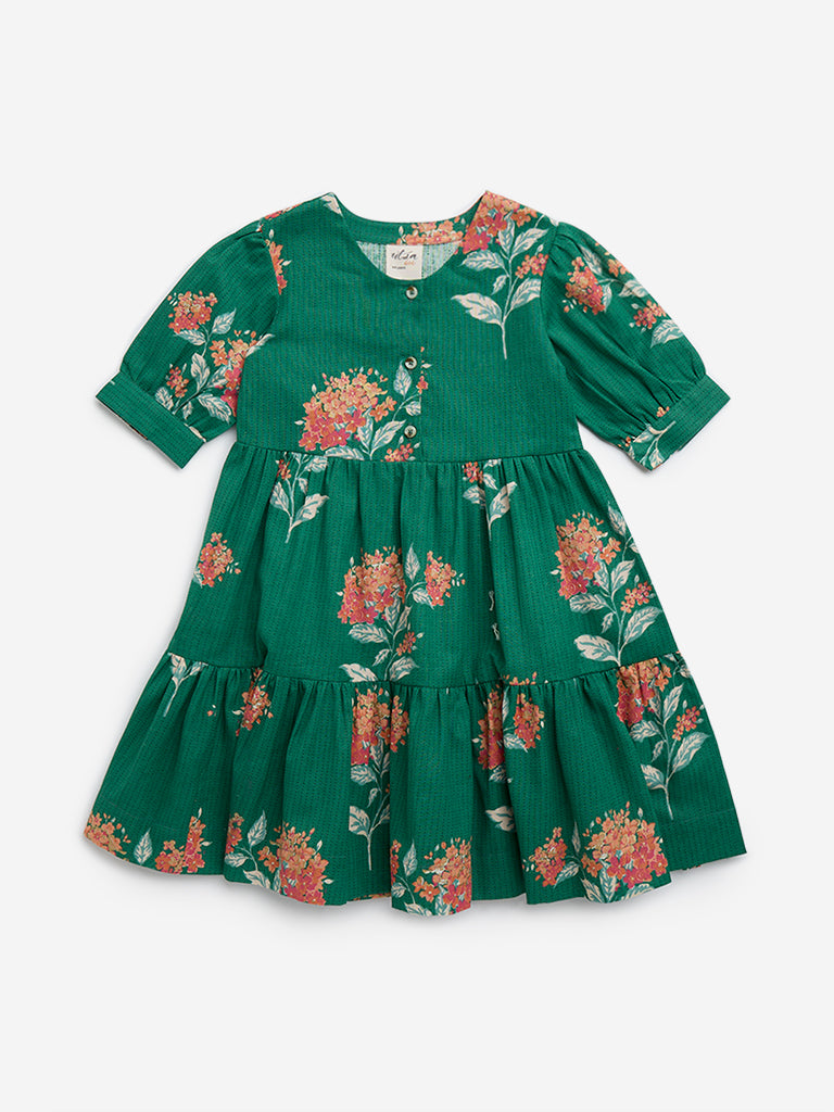 Utsa Kids Green Floral Printed Cotton-Blend Tiered Dress - (2-8yrs)