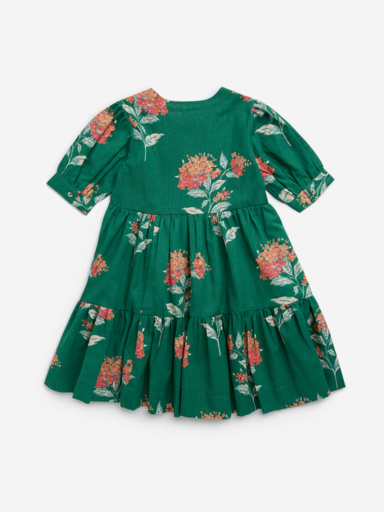 Utsa Kids Green Floral Printed Cotton-Blend Tiered Dress - (2-8yrs)