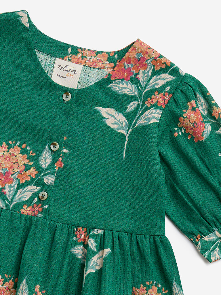 Utsa Kids Green Floral Printed Cotton-Blend Tiered Dress - (2-8yrs)