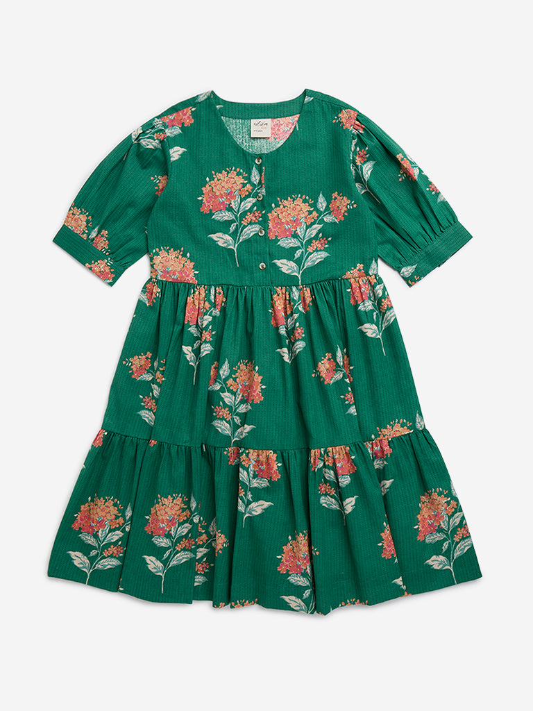 Utsa Kids Green Floral Printed Cotton-Blend Tiered Dress - (8-14yrs)