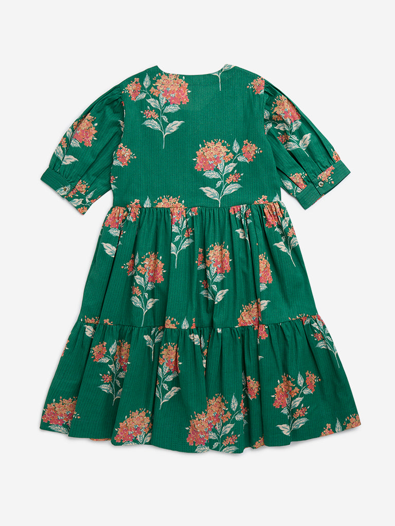 Utsa Kids Green Floral Printed Cotton-Blend Tiered Dress - (8-14yrs)