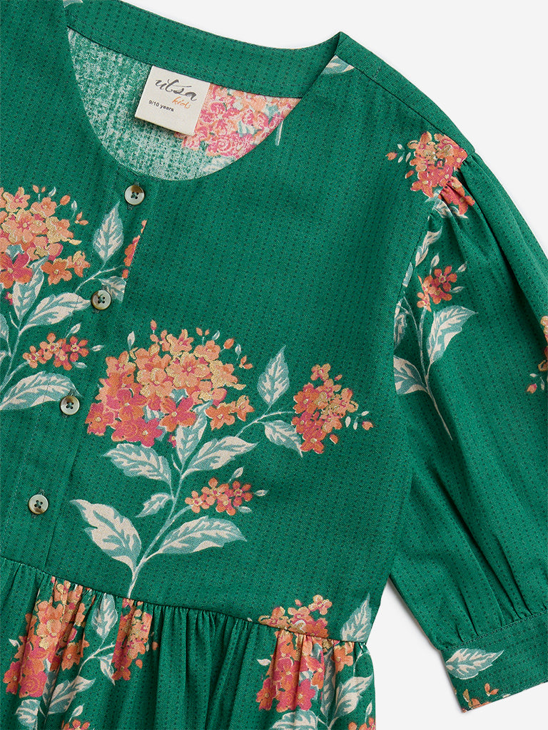 Utsa Kids Green Floral Printed Cotton-Blend Tiered Dress - (8-14yrs)