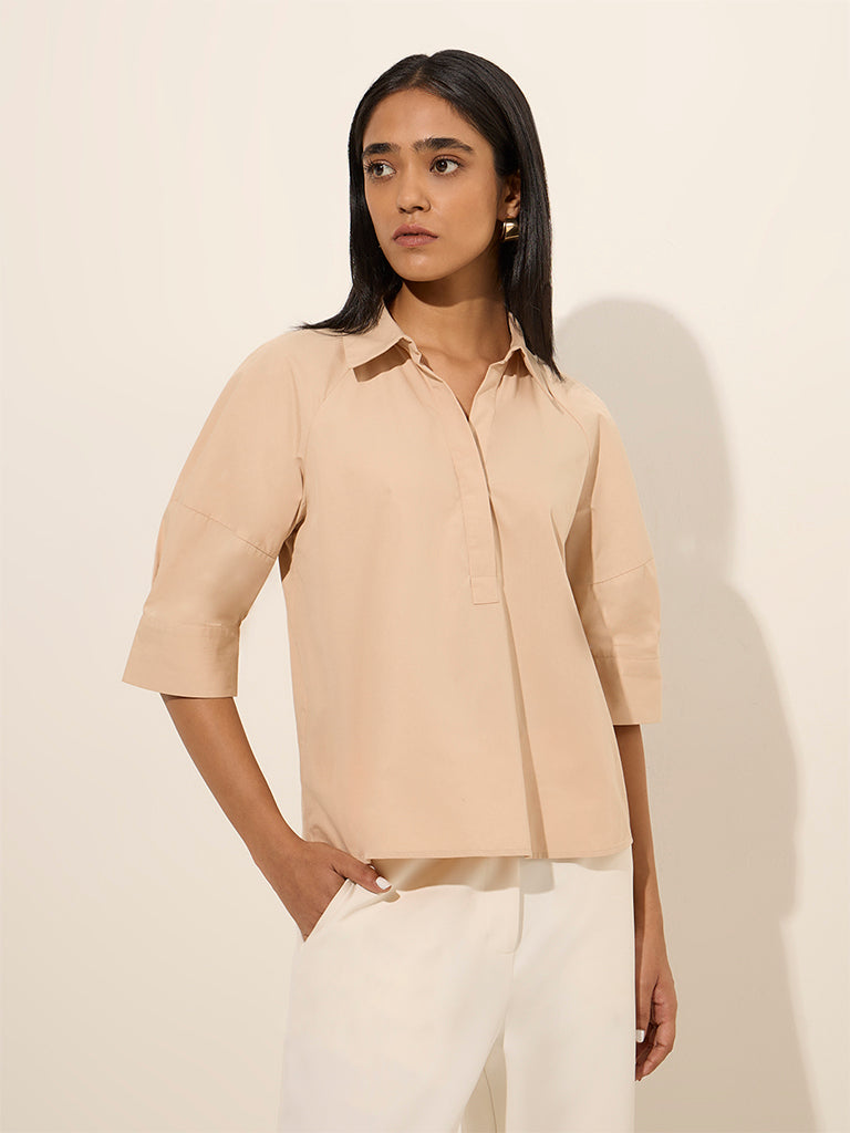 Wardrobe Light Beige Solid Cotton Blouse