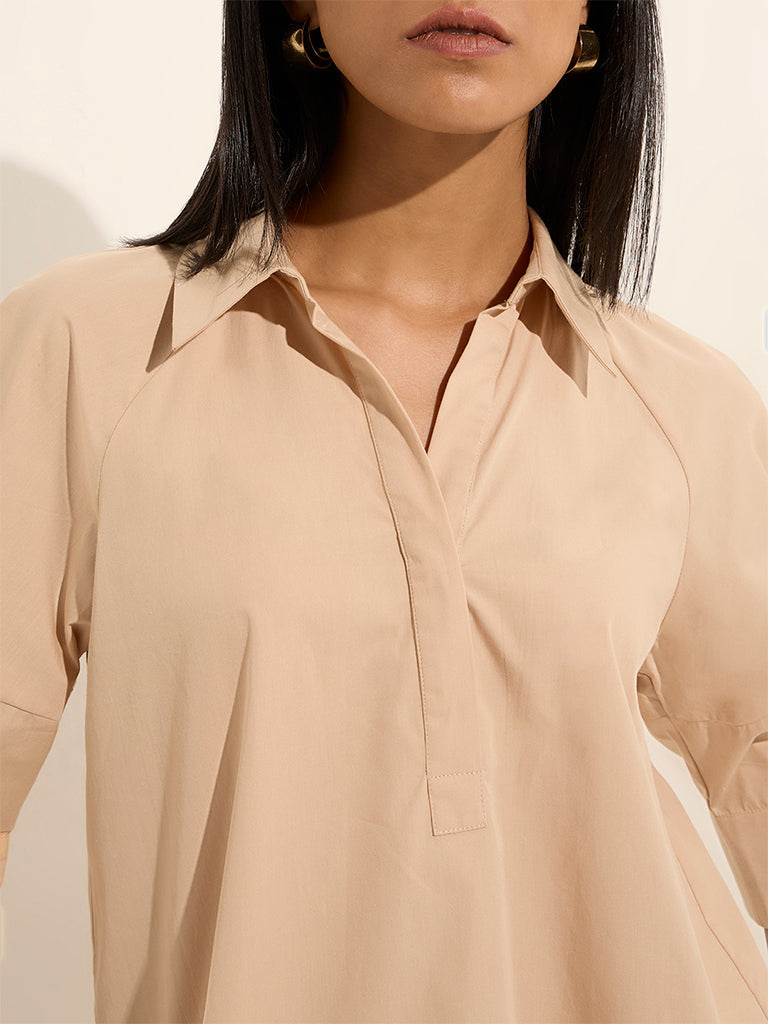 Wardrobe Light Beige Solid Cotton Blouse
