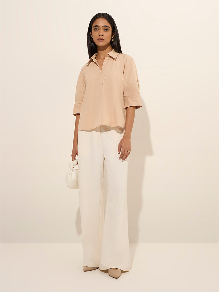 Wardrobe Light Beige Solid Cotton Blouse